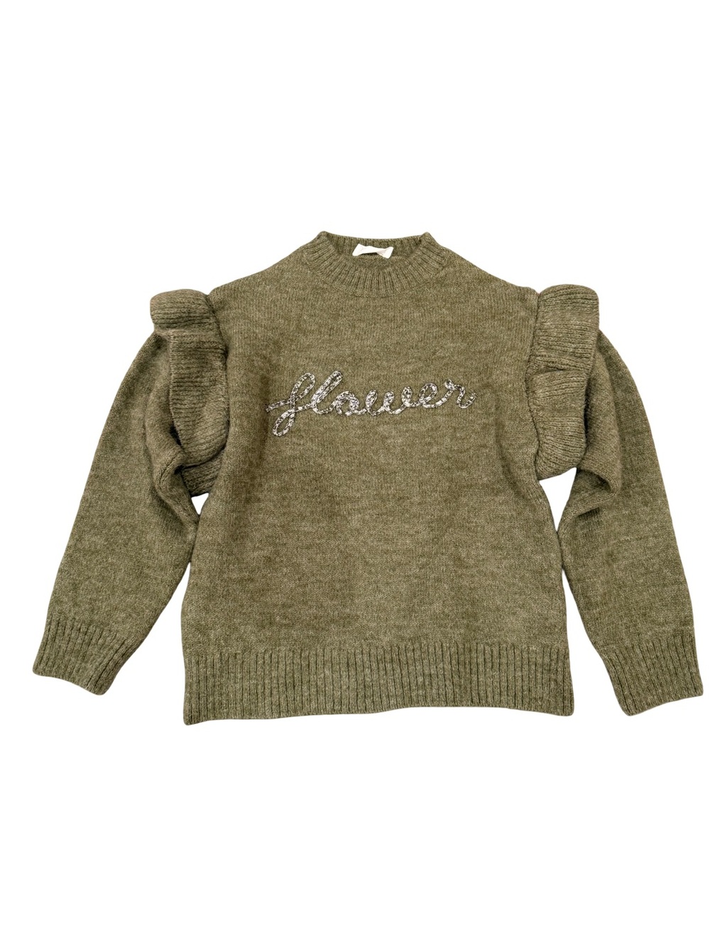 Mango Olive Green Puff-Sleeve Sweater with Crystal 'flower' Script